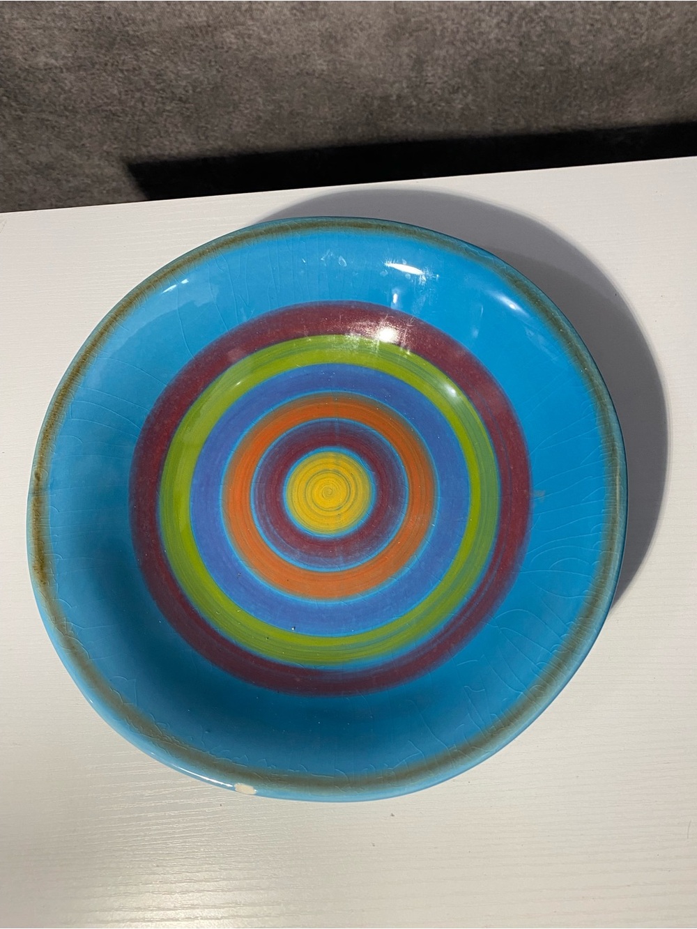 Italian Ceramic Bowl Sara Hand Painted Rainbow Swirl Blue Crazing Chip 9.5 In